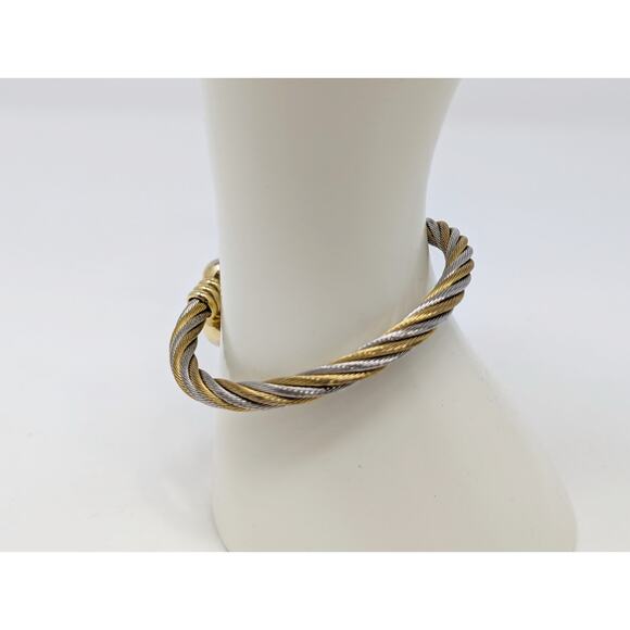 Silver Gold Tone Adjustable Steel Twisted Cable Cuff Bangle Bracelet Ring Set - Picture 8 of 8